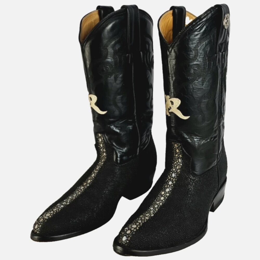 Black Leather Cowboy Boots Genuine Exotic Stingray Western Dress Rogers Men 8.5